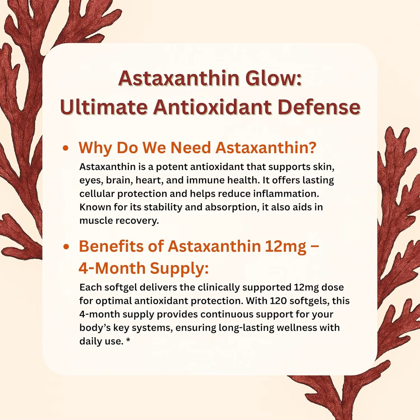 Astaxanthin Softgels12Mg Triple Strength Serving| Fresh Microalgae Source | Triple Strength, Easy to Swallow, Non-Gmo, Soy Free