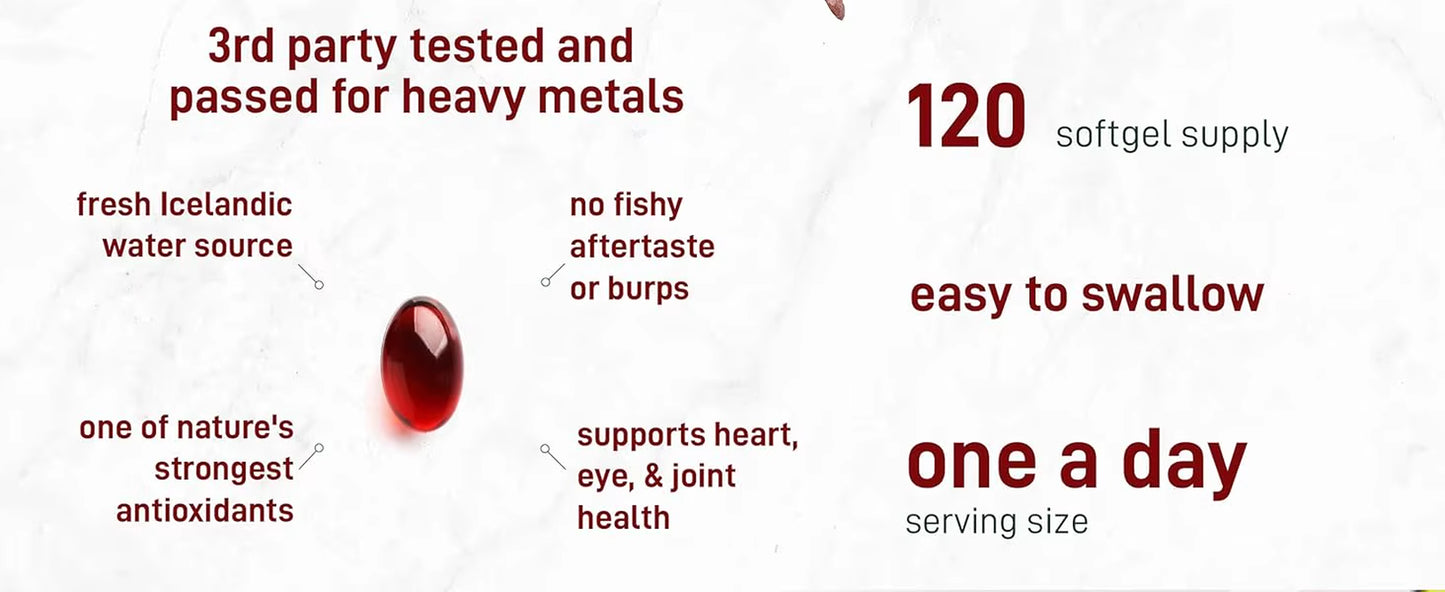 Astaxanthin Softgels12Mg Triple Strength Serving| Fresh Microalgae Source | Triple Strength, Easy to Swallow, Non-Gmo, Soy Free