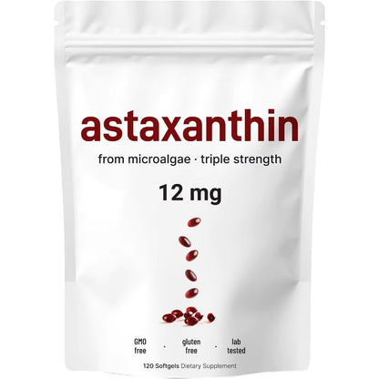 Astaxanthin Softgels12Mg Triple Strength Serving| Fresh Microalgae Source | Triple Strength, Easy to Swallow, Non-Gmo, Soy Free
